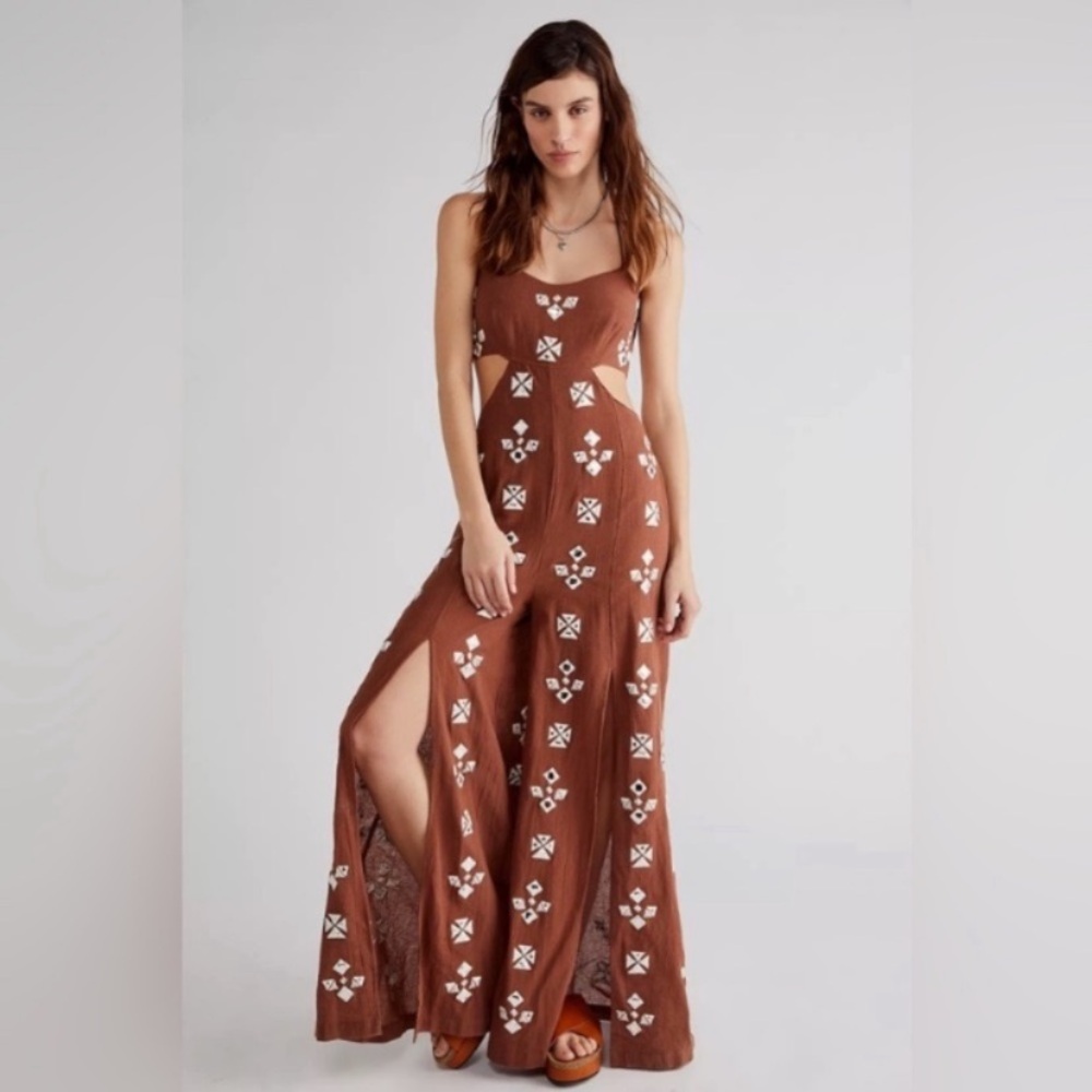 Free People Brown Jumpsuit with White Patterns